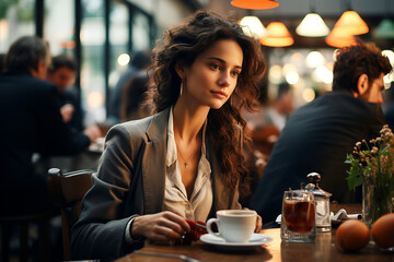 Coffee Break Moment: Young beautiful woman with long curly hair wearing formal attire enjoying coffee in cozy cafe. - obrazy, fototapety, plakaty