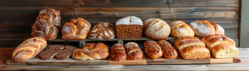 A diverse array of freshly baked bread loaves artistically displayed on a wooden table, highlighting the beauty of artisanal baking