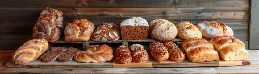 Foto op Plexiglas A diverse array of freshly baked bread loaves artistically displayed on a wooden table, highlighting the beauty of artisanal baking © Cherrita07