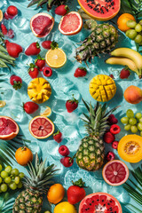 An overhead view of a swimming pool full of summer tropical fruit