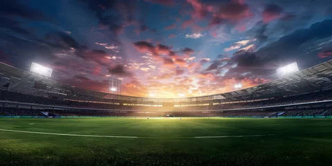 Wall murals Height scale Panoramic highdefinition image of a cricket stadium showing the contrast between daylight and evening atmosphere under stadium lights. Concept Cricket Stadium, Daylight vs Evening