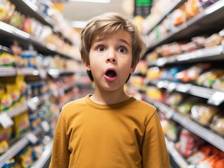 Young boy with a shocked expression standing in a supermarket, colorful shelves blurred in the background.