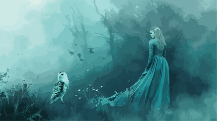 Mysterious sorceress in a beautiful blue dress. The background