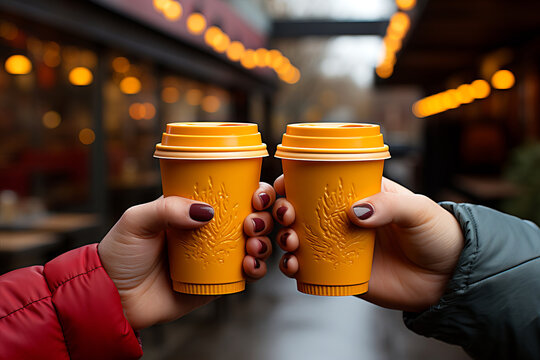 Coffee on the Go: Close-up of female hands holding coffee in travel mugs or takeaway cups.