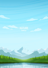 A green valley with trees near a river or lake. Mountains against a clear blue sky. Sunny spring day in the mountains. Design for poster, wallpaper, postcard, book, cover. Vector image.