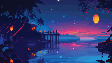 Night seascape fantasy island with lanterns and a woo - obrazy, fototapety, plakaty