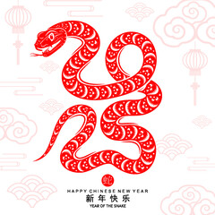 Obraz premium Happy chinese new year 2025 the snake zodiac sign with flower,lantern,asian elements red paper cut style on color background. ( Translation : happy new year 2025 year of the snake )
