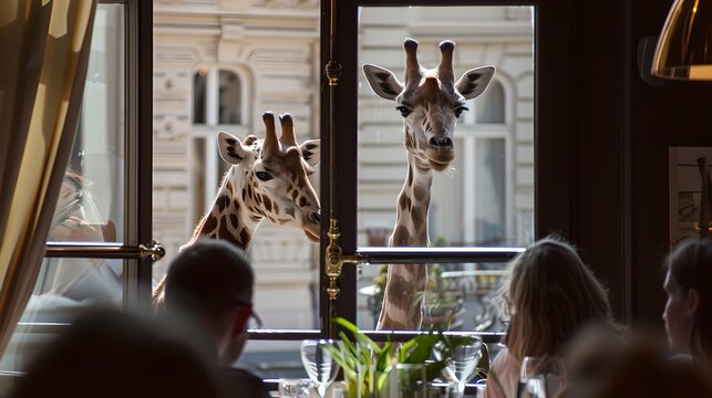 Curious Giraffes Peering Inside a Window, Unexpected Urban Wildlife Encounter. Surreal Dining Experience. AI