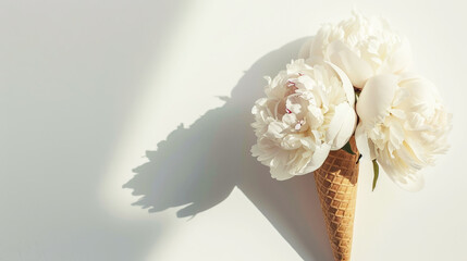 Aesthetic peony flowers in the waffle cone against light backdrop, strong shadows, copy space. Generative AI