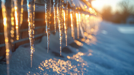 Close-up of Icicles Adorning Roof Edge in Winter - obrazy, fototapety, plakaty