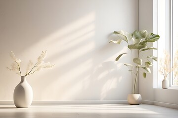 White living room interior with plants in vase. 3d render