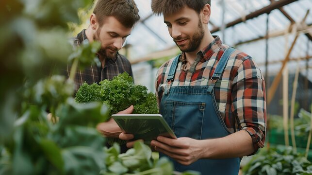 Two Men Examining Plants in a Greenhouse, Using Tablet for Research. Modern Agriculture Conceptual Image. Casual and Focused. AI