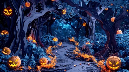 Obraz na płótnie Canvas Origami Paper Town: Spooky Forest Path Essence