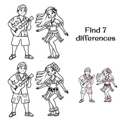 Fototapeta na wymiar Hawaiian man plays the ukulele, Hawaiian girl dances. Find 7 differences. Tasks for children. Vector illustration