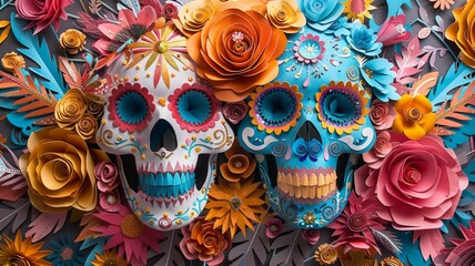 Fototapeta premium Origami Paper Town: Sugar Skulls for Día de los Muertos Essence