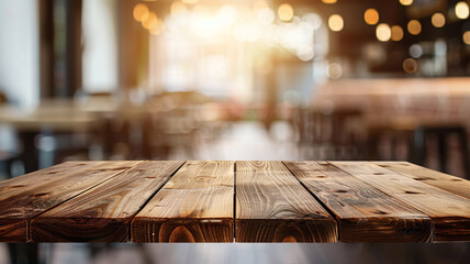 Wooden board empty table in front of blurred background. Perspective brown wood over blur in coffee...