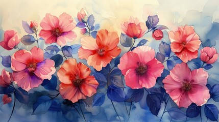 Rich Watercolor Blooms with Saturated Pigments on Paper Texture, Vibrant Depiction of Anemones in Shades of Pink and Blue, Concept of Floral Artistry and Elegance
