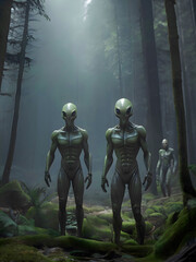 Fototapeta premium Scary Aliens Exploring A Forest On Planet Earth Cinematic Image Style