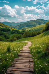 A wooden path through beautiful green hills