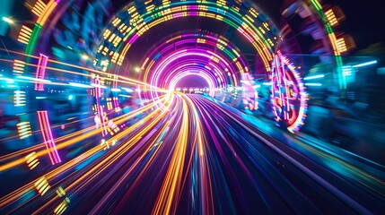 Vibrant Long Exposure of Light Trails in Tunnel. Neon Colors Illuminate the Night. Abstract Background, Modern and Futuristic Concept. AI
