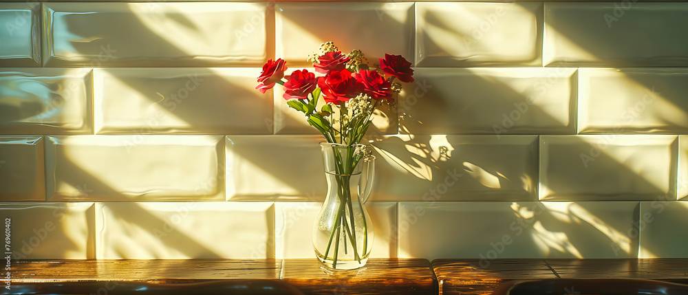 Poster elegant bouquet in vase, adding a touch of romance and color to a bright window setting