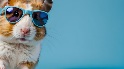 a hamster wearing sunglasses on a light blue background. the copy space. for postcards, advertisements.  the concept of vacation, rest, sun, summer