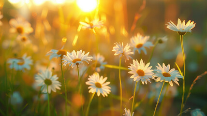 idyllic daisy bloom abstract soft focus sunset field landscape of white flowers blur grass meadow warm golden hour sunset sunrise time tranquil spring summer nature closeup bokeh forest background - obrazy, fototapety, plakaty