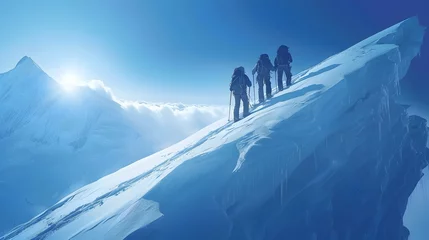 Fotobehang Mountaineers Overcoming Crevasse on a Ladder in Extreme Conditions Showcasing Teamwork and Determination © Thares2020