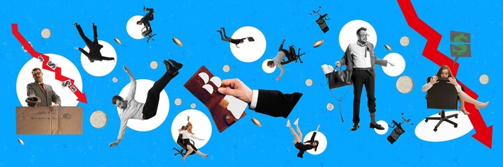 Employees suffering from crisis, unemployment and bankruptcy. Money symbols with downward arrows...