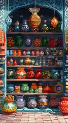 Fototapeta premium Vibrant International Marketplace Showcasing Diverse Array of Colorful Handcrafted Ceramics and Pottery Merchandise description This image depicts a
