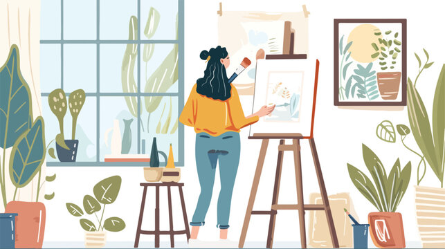 The artist paints a picture in her studio flat vector