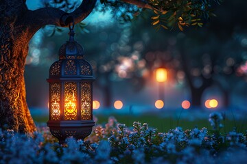Islamic lantern decoration for Muslim Festivals like Eid Mubarak, Ramadan Kareem or Bakra Eid - obrazy, fototapety, plakaty