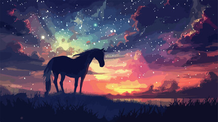 The magic horse standing alone agnst the colorful 
