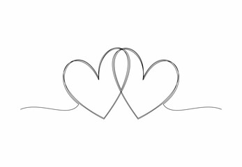 Two linked heart, continuous one line drawing. Double heart hand drawn, black and white vector minimalist illustration of love concept made of one line on transparent background.