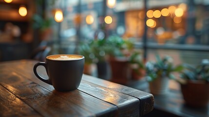 black cup of cappuccino with latte art on wooden background in cafe