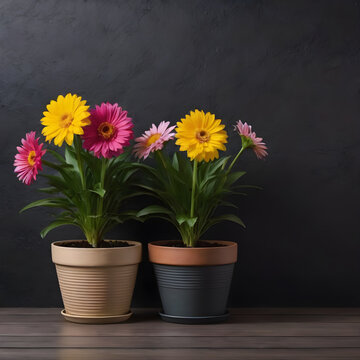 a pot of plants with flowers on a black background. copy space