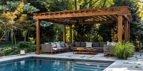 A wooden pergola with a seating area, surrounded by an outdoor pool and garden - obrazy, fototapety, plakaty