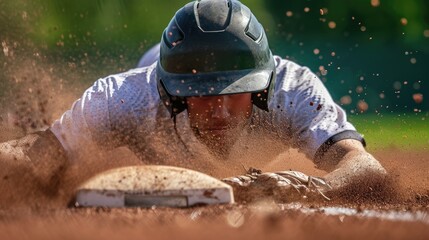 Baseball player sliding into base during a game - obrazy, fototapety, plakaty