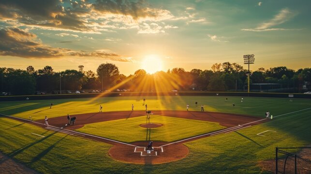Baseball field at sunset with players practicing