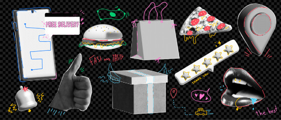 Set of collage elements theme of delivery, in halftone with doodle illustration style with hand and mouth and package box aand local business pin, Trendy pop art.