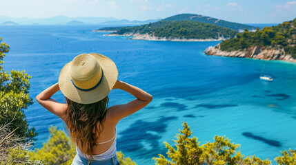 Woman gazing out at the azure waters of a cliffside cove, on the edge of paradise.