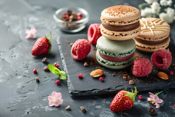 Stack of macarons with strawberries and raspberries on a slate cutting board