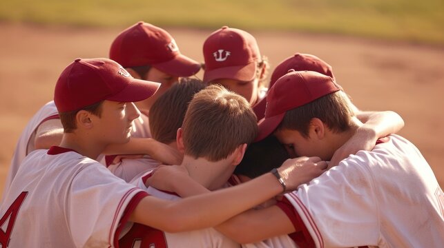 Baseball team huddle, teamwork and sportsmanship - Powered by Adobe