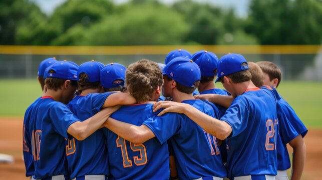 Baseball team huddle, teamwork and sportsmanship - Powered by Adobe