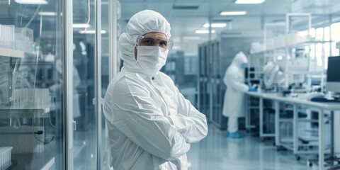Scientist in a cleanroom working on nanotechnology. 