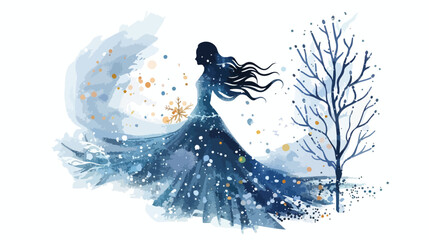 Winter goddess Watercolo flat vector isolated on white