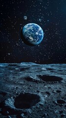 Moon and Earth Moon with craters in deep black space Moonwalk Earth at night Elements of this image furnished by NASA