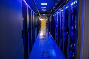 Fototapeta premium A spacious hallway inside a data center with rows of servers.
