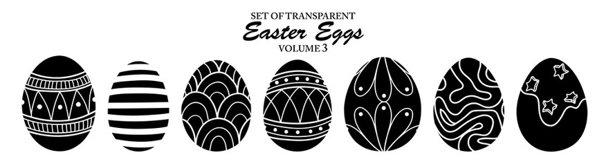 A series of isolated decorations for Easter day in cute hand drawn style. Silhouette Easter eggs on transparent background. Elements for coloring book or festival design. Volume 3.
