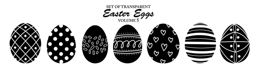 A series of isolated decorations for Easter day in cute hand drawn style. Silhouette Easter eggs on transparent background. Elements for coloring book or festival design. Volume 5.